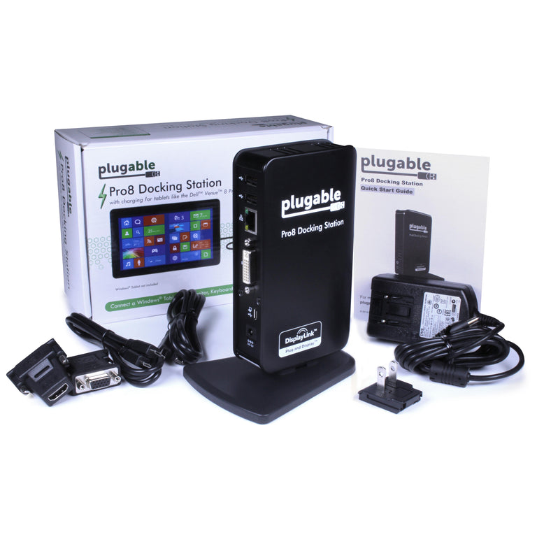 Image of the Plugable UD-PRO8 Docking Station with the packaging, and included parts and materials
