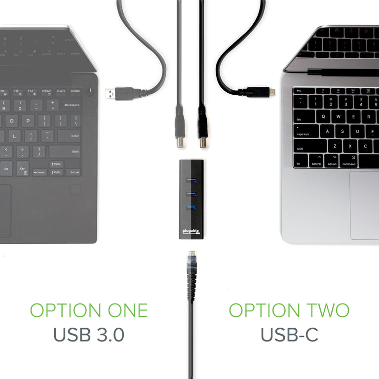 A top down view of the usb3-hub3me showing it connected by USB Type A and USB Type C.