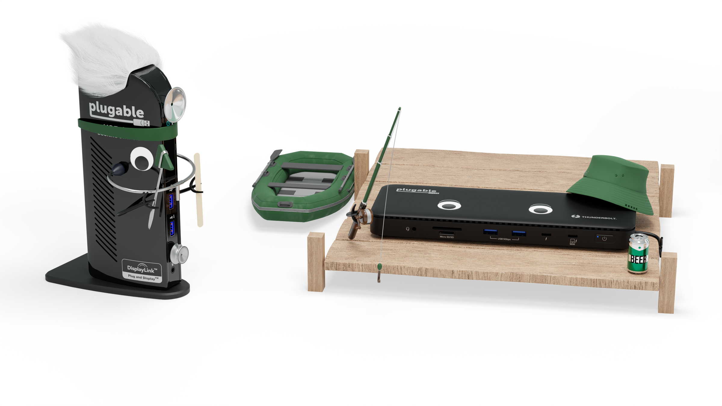 This picture depicts Dockies, the fun docks from Plugable! Is Fishing Fun Fred getting a check up? Or is Dr. Doc at the fishing hole? Use your imagination to fill in the background! 