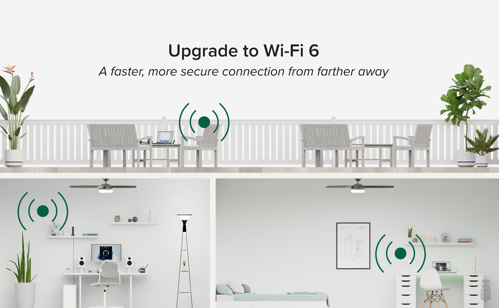 A visual of a house showing wi-fi signals throughout different rooms.