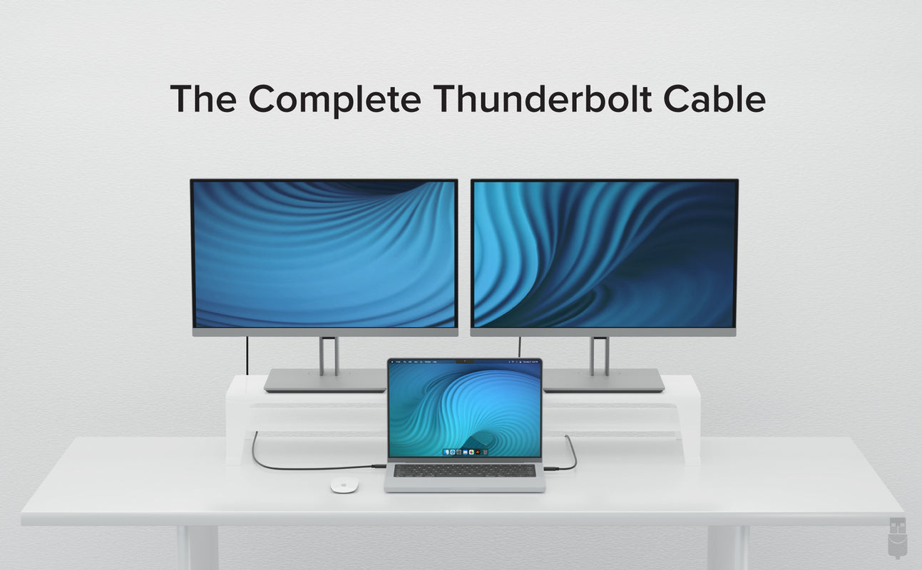 Two Thunderbolt 4 cables connected between a laptop and two screens