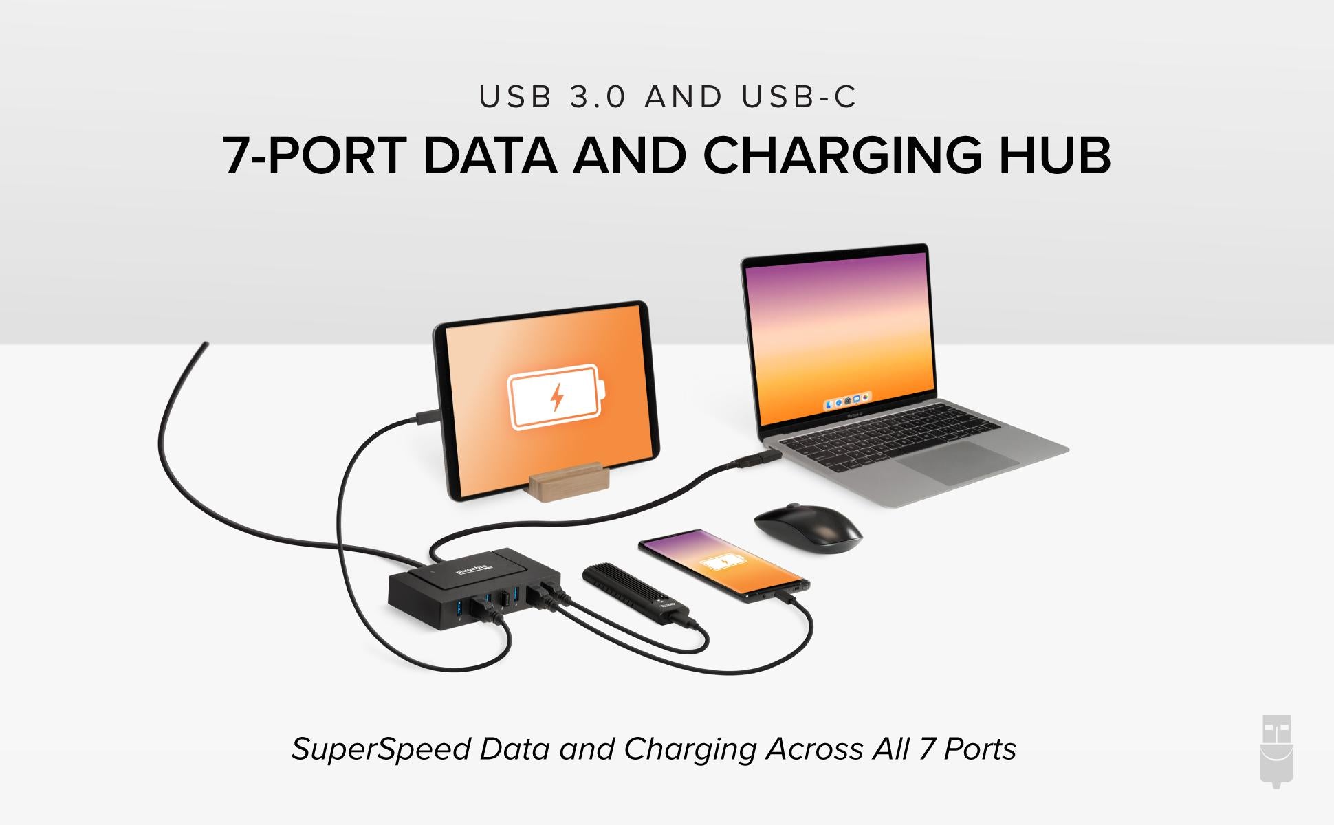 7-Port USB Data and charging Hub connected to laptop, phone, tablet, and other devices.