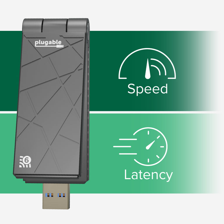 A close up of the usb-wifiax and a visual showing faster speed and improved latency.