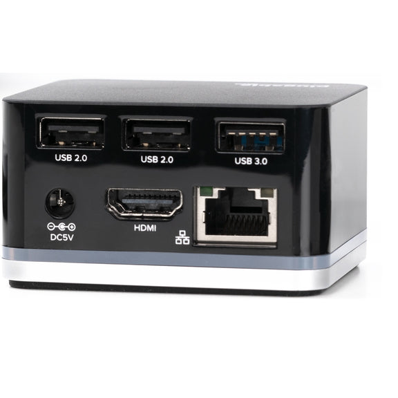 Image of UD-CUBE-15W backside, ports include two USB 2.0 one USB 3.0 one HDMI video port, one Ethernet port, and power port