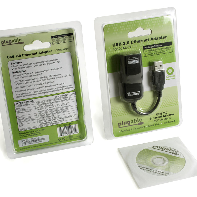 Image showing the front and back of the USB2-E100 package. The adapter can be seen, as well as the included driver CD and other important information is listed.