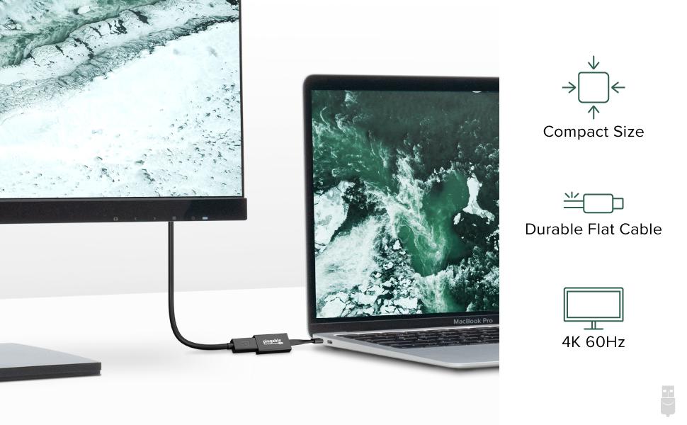 Image highlighting the Plugable display adapter's compact size, durability, and graphics capabilities