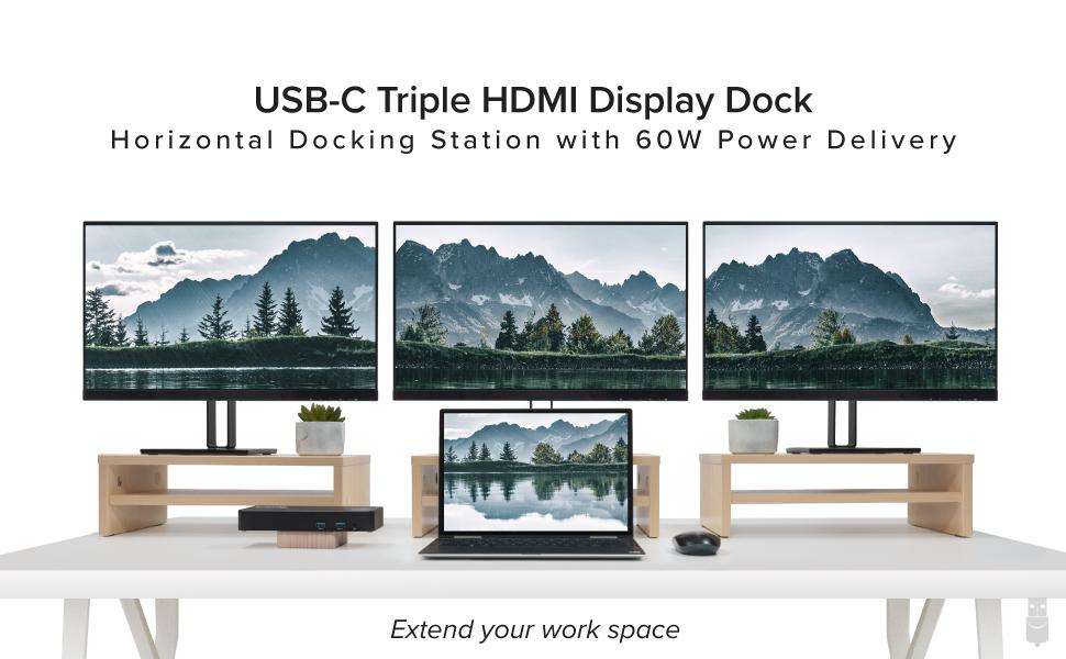 UD-3900PDZ Docking Station with notebook computer and three displays with desktop background showing an extended desktop mode