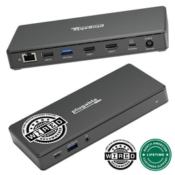 Plugable UD-MSTH2 docking station with Ethernet, USB 2.0, USB 5Gbps, dual HDMI, 65W PD, and front USB-C/A ports.
