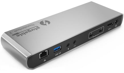 Plugable TBT3-UD1-83 Thunderbolt 3 dock with Ethernet, USB 3.0, audio jacks, two Thunderbolt 3 ports, DP++, and DC IN.