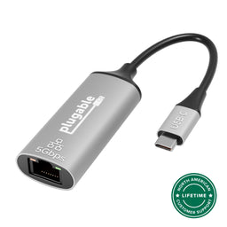 Plugable 5Gbps USB-C to Ethernet adapter with North American lifetime customer support badge.
