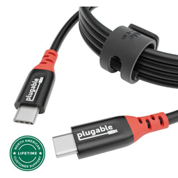 Plugable USB-C to USB-C cable with red strain relief and North American lifetime customer support badge.