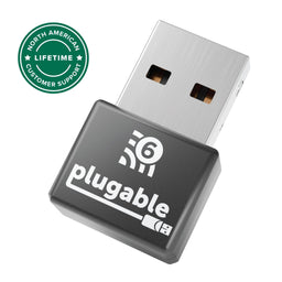 Plugable USB WiFi 6 adapter with North American lifetime customer support badge.