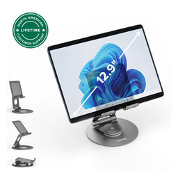 Plugable PT-STAND1 swivel tablet stand supporting a 12.9-inch device, with North American lifetime customer support.