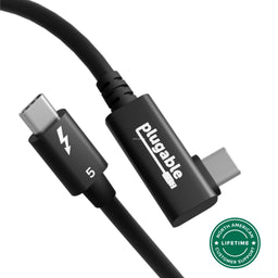 Plugable TBT5-240W80R Thunderbolt 5 cable with straight and right-angle USB-C connectors and lifetime support.