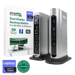 Plugable TBT4-UDZ Dual Display Docking Station for M4 Macs and Windows with 100W host charging and 4K support.