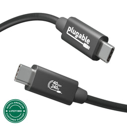 Plugable USB-C cable with 40Gbps data transfer and 240W power delivery, featuring North American lifetime support.