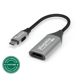 Plugable USB-C to HDMI adapter with braided cable and North American lifetime customer support badge.