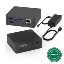 Plugable UD-CAM dock with power supply, featuring 4K HDMI, 3 USB-A, Ethernet, USB-C host port, and audio jack.