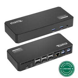Plugable UD-6950PDZ docking station with DisplayLink, 100W power, 3x DisplayPort or HDMI, Ethernet, and USB 3.0 ports.