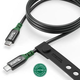 Plugable USB-C to USB-C cable with green strain relief, branded cable tie, and North American lifetime support badge.