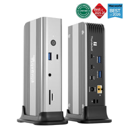 Plugable TBT-UDT3 Thunderbolt 5 dock with front USB 10Gbps, audio, SD/Micro SD and rear Thunderbolt, USB, 140W, 2.5GbE.