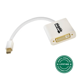 Plugable Mini DisplayPort to DVI adapter with North American lifetime customer support badge.
