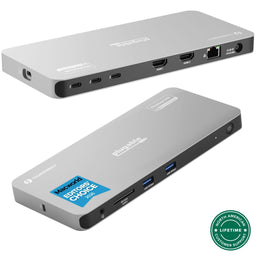 Plugable Thunderbolt 4 Dock TBT-6950PD with front audio, SD card, and 2x USB 10Gbps ports; rear with 3x Thunderbolt 4, HDMI 1