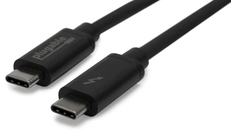 Plugable Thunderbolt 3 USB-C cable with Thunderbolt logo on connector housing.