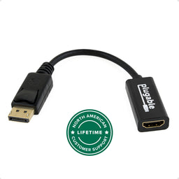 Plugable DisplayPort to HDMI passive adapter with North American lifetime customer support badge.