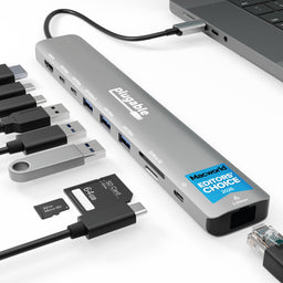 Plugable 10-in-1 USB-C hub with HDMI 8K, USB 10Gbps, USB 5Gbps, SD/Micro SD, 2.5Gbps Ethernet, and power delivery port.