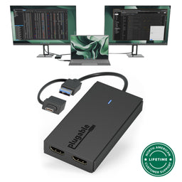 Plugable UGA-HDMI-2S dual HDMI monitor adapter with USB-C and USB-A tethered cable, showing two HDMI output ports.