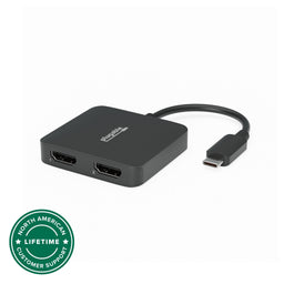 Plugable USBC-MSTH2 USB-C to dual HDMI adapter with two numbered HDMI ports and North American lifetime support badge.