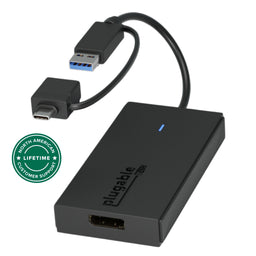 Plugable UGA-DP-S adapter with USB-A and USB-C connectors and a DisplayPort output port.