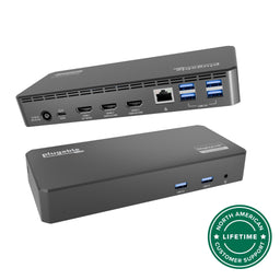 Plugable UD-3900PDZ docking station with 100W power, 3 HDMI ports, Ethernet, 4 USB 3.0 ports, and audio jack.