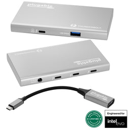 Plugable USB4-HUB3A Thunderbolt 4 hub with 60W charging, USB 10Gbps port, three Thunderbolt ports, and HDMI adapter.