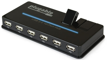 Plugable USB 2.0 10-Port Hub with six front-facing USB-A ports and two top-mounted flip-up ports.