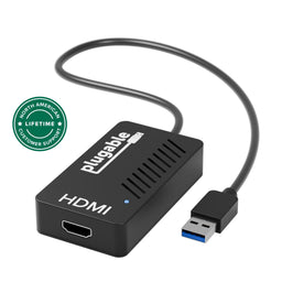 Plugable USB 3.0 to HDMI graphics adapter with integrated cable and North American lifetime customer support badge.