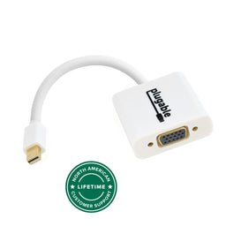 Plugable Mini DisplayPort to VGA adapter with North American lifetime customer support badge.