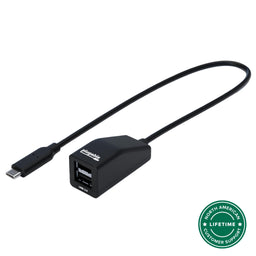 Plugable USBC-2PORT USB-C to dual USB 2.0 adapter with integrated cable.