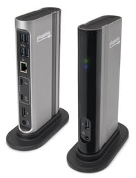 Plugable TBT3-UDV dock with USB, Ethernet, Thunderbolt 3, DisplayPort, 20V 6.75A DC input, and front audio port.