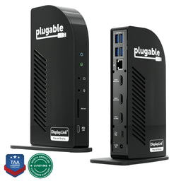 Plugable UD-ULTCDL docking station with front audio, SD, 20W PD USB-C ports and rear 5Gbps USB, Ethernet, 3 HDMI, 100W PD.