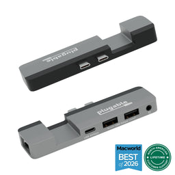 Plugable AMS-5IN1E hub with dual USB-C, USB 40Gbps, two USB 5Gbps ports, and audio jack, plus Macworld award badge.