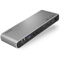 Plugable TBT3-UD1-85W dock with Ethernet, USB 3.0, audio jacks, Thunderbolt 3, DisplayPort++, and 20V 8.5A DC input.