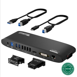 Plugable UD-3900H docking station with USB 3.0, 4 USB 2.0, HDMI, DVI, LAN ports, cables, and DVI-VGA/HDMI adapters.