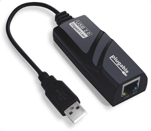 Plugable USB 2.0 to Gigabit LAN adapter with integrated USB-A cable and RJ45 port with LINK and ACT status LEDs.