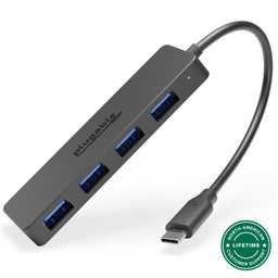 Plugable USBC-HUB4A 4-port USB-C to USB 3.0 hub with integrated USB-C cable and North American lifetime support.