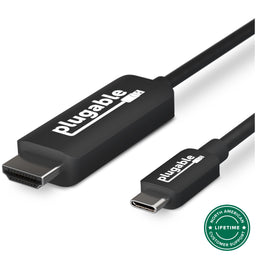 Plugable USB-C to HDMI cable with North American lifetime customer support badge.