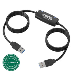 Plugable USB-EASY-TRAN transfer cable with two USB-A connectors and North American lifetime customer support badge.