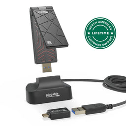 Plugable WiFi 6 USB adapter with USB-A to USB-C adapter, USB 3.0 cable, and North American lifetime customer support.