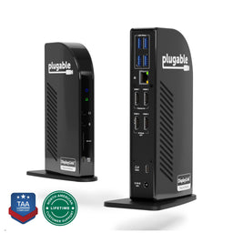 Plugable UD-3900C4 docking station with 4 HDMI ports, USB 5Gbps, Ethernet, SD card, 100W PD, and 20W PD ports.